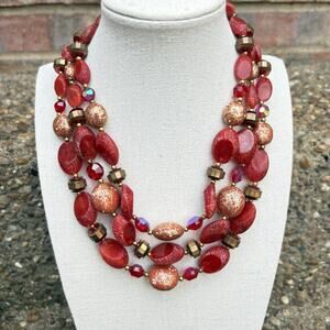 Vintage Deauville Triple Stranded Red & Gold Tone Acrylic Beaded Necklace 15"